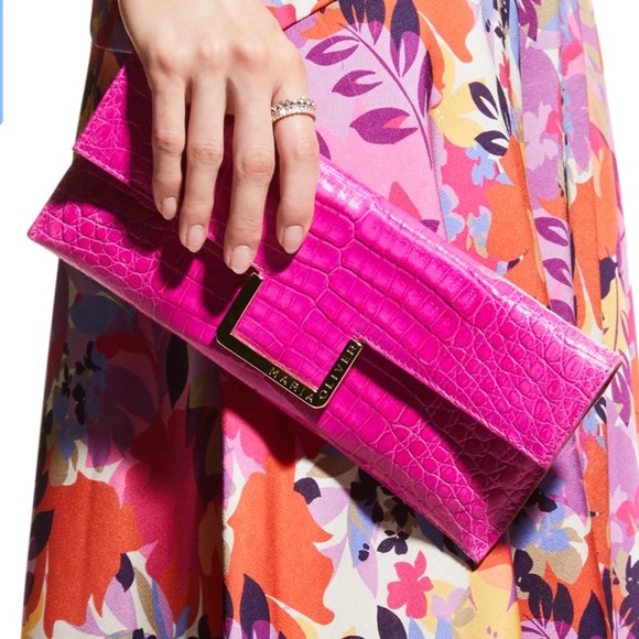 Maria Oliver Fuchsia Gracia Crocodile Clutch Bag with Detachable Shoulder Chain - Picture 2 of 7